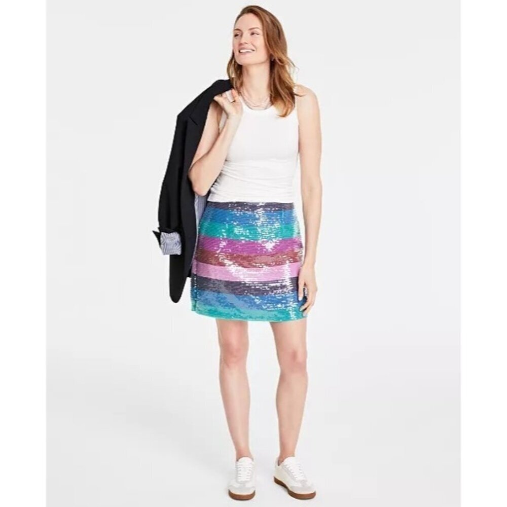 NEW ON 34TH MID-RISE BOARDWALK-STRIPE SEQUINED MINI SKIRT SZ 6